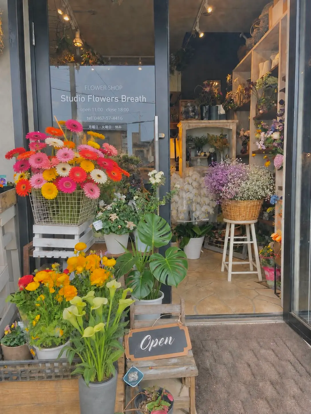 ガーベラやカラーが並ぶ、Studio Flowers Breathの店先